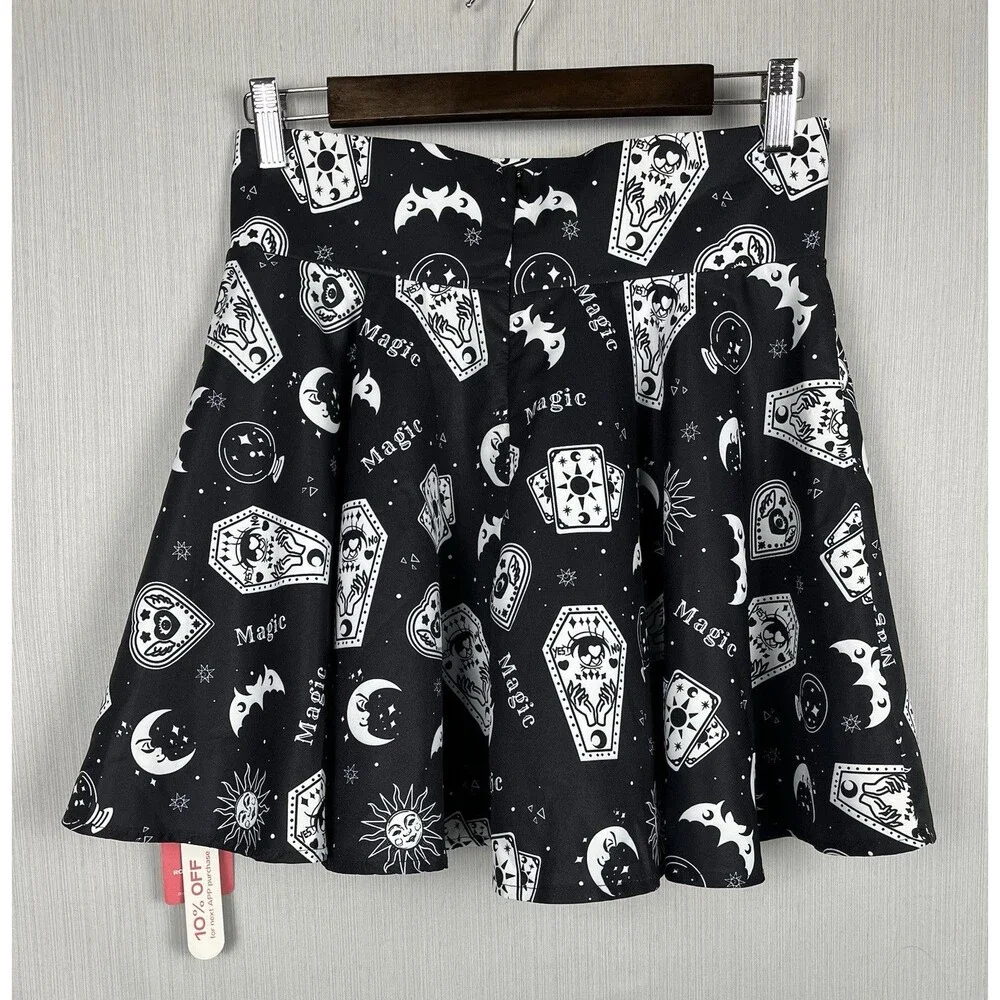 ROMWE Circle Skater Skirt Womens M‎ Black Tarot Print Whimsigoth Witchy